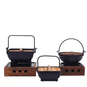 Nhật Bản Phong Cách Đúc Sắt Treo Nồi Gỗ Khay Rượu BBQ Nướng Bảng Top Mini Rang BBQ Bếp