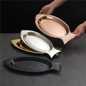 Stainless Steel Fish Platter Oval Shallow Dish Golden Creative Serving Tray For Barbecue Snack Hot Pot - Product Image 2