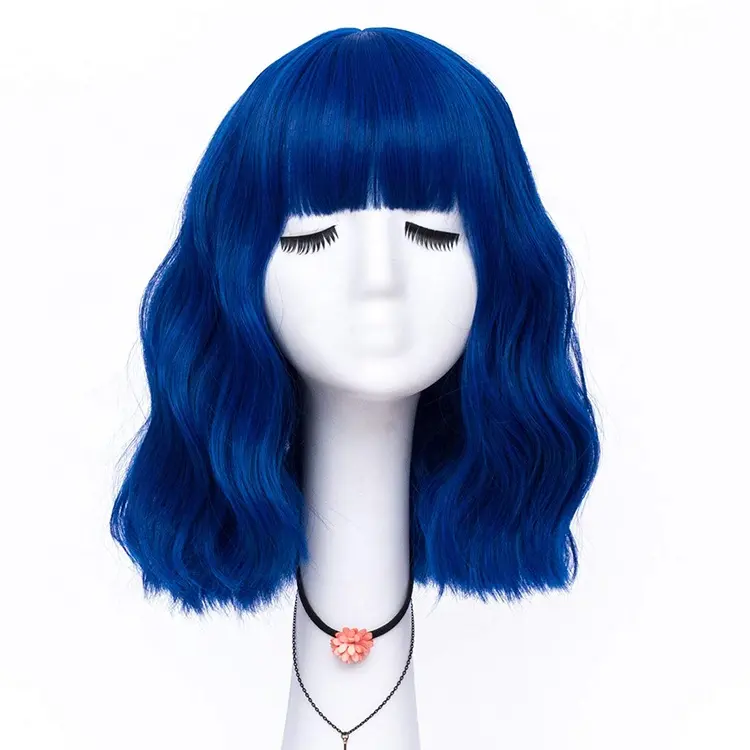 Water Wave Blue Halloween Wig For Women Natural Looking Good Quality Synthetic Hair Wigs With Bangs