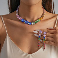 Bijoux fantaisie OEM/ODM en gros, collier et boucles d'oreilles en cristal rond rose, ensemble de bijoux de mariée avec strass dégradés pour femmes