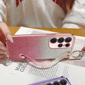 Etui pour <span class=keywords><strong>Samsung</strong></span> Galaxy S24 S23 S22 <span class=keywords><strong>S21</strong></span> S20 Ultra Plus FE 4G 5G Lanyard Dragonne Support GLITTER Placage Silicone - Product Image 4