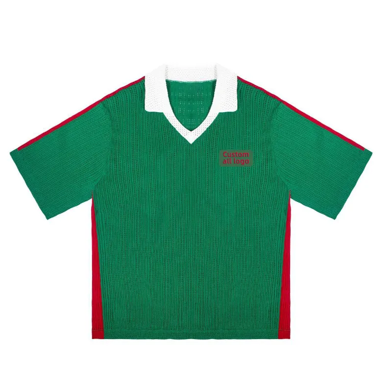Individuelle Alle Nummern ausgehöhlt gestrickt Fußballtrikot Kurzarm Erwachsene Strickwaren Pullover Sport übergroßes Strick-Polo-Shirt