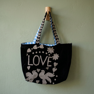Elegant Black 100% Cotton Velvet Embroidery <b>Bag</b> Love & Birds Art Design Large Boho Shoulder Tote Unique <b>Gift</b> for Women - Product Image 2