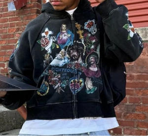 Sweat à capuche zippé décontracté en polyester et élasthanne, motif dessin animé RIGHTEOUS, coupe ample, taille XXL, collection Hiver 2024 - Product Image 6