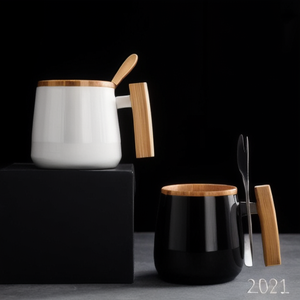 ชุดแก้วกาแฟเซรามิกสไตล์นอร์ดิกเรียบง่ายพร้อมฝาปิด ช้อน และด้ามจับไม้ - Product Image 3