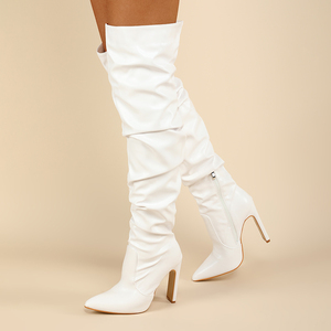 Wrinkle Fashion Leather Knee High White Color Women's Boots with Heels - Product Image 2