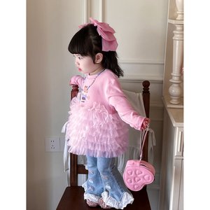 Girls Cotton Two Piece Set Pink Top With Tulle Skirt And Jeans Spring Outfit For Toddler Fashion Clothes - Product Image 4