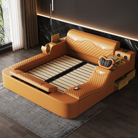 Lit Moderne Multifonctionnel en Cuir Microfibre avec Cadre en Bois, Design Minimaliste de Luxe Léger, Fonctionnalités Audio, Massage et Sécurité
