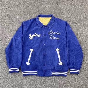 Jaket <span class=keywords><strong>coach</strong></span> streetwear pria korduroi rantai kustom logo tebal biru oem jaket pelatih bergaya kerah ritsleting atas - Product Image 3