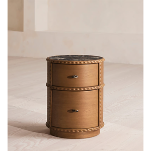 Comodino Vintage in Legno di Quercia Rotondo Stile Mid-Century con Piano in Marmo e 2 Cassetti, Resistente per la Camera da Letto - Product Image 2