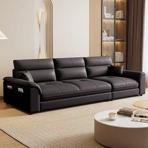Chaise Lounge Genuine Leather <b>Sofa</b> Modern Minimalist Straight Line <b>Cream</b> Style For Living Room Small Apartment Home Rental - Product Image 3