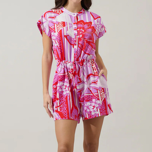 Mono corto de lujo con estampado playero, cuello redondo, cintura ajustada y botones, diseño con cantidad mínima de pedido, 100% rayón. - Product Image 5