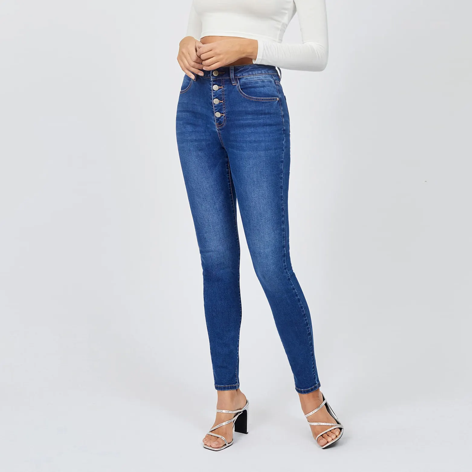 Benutzer definierte Label Button Skinny sexy elastische gewaschene Jeans mit hoher Taille Jeans Frauen