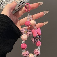 Pendentif pour sac d'école, bracelet et cordon pour coques de téléphone universelles pour iPhone, avec motif léopard rose mignon, pompon et perles transparentes
