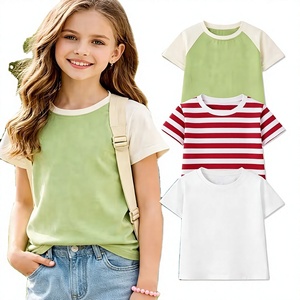 T-shirt à manches courtes pour filles, col rond, rayé rouge et blanc, vert uni, raglan, décontracté, tricoté, 100% coton, écologique, vert clair - Product Image 2