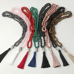 108 Mala Beads Necklace 8MM Natural Stones Hand Knotted Tassel Meditation Necklace