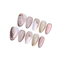 Ongles Courts Amande Faits Main à Presser, Minimalistes avec Ligne Dorée et Strass, Ongles en Gel Artisanaux de Luxe, Brillants en PMMA, Amovibles