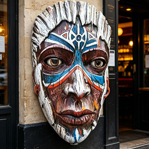 Sculpture murale personnalisée en fibre de verre, masque humain en résine peinte style rétro, statue décorative à suspendre pour entrée de bar, restaurant, pub - Product Image 4