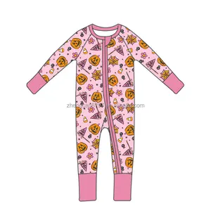 Custom Halloween Pumpkin Print Bamboo Baby Clothes Jumpsuit Pattern For Children Autumn Full Bodysuit Kids