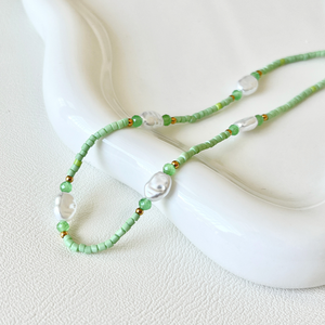 Collar NS5110 con Cuentas de Semillas Verdes Suaves, Imitación de <span class=keywords><strong>Perla</strong></span>, Chapado en Oro de 18K, para Mujer, Joyería Boho de Verano - Product Image 1
