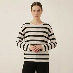 Maglione da Donna OEM in Misto Cotone e Nylon <span class=keywords><strong>a</strong></span> Righe <span class=keywords><strong>con</strong></span> Spalle Scivolate, Collo Tondo e Maniche Lunghe - Product Image 1