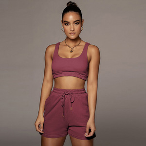 Chất Lượng Cao 2023 Phụ Nữ Thể Thao Thiết Lập Rắn Màu Áo Ngực Quần Short Hai Mảnh Thiết Lập - Product Image 5
