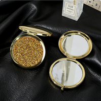 Miroir de poche compact double face rond à paillettes effet poussière de diamant, pliable en métal, portable pour femme