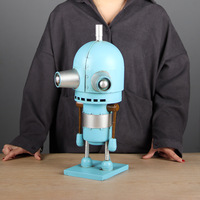 Robot en métal bleu vintage fait main, figurine en étain, statue, accessoire de vitrine de bar, ornement de bureau de style industriel
