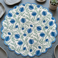 Sets de table ronds en coton 100% imprimés à la main avec des motifs floraux bleus, style classique, réutilisables, décoration de table, Inde