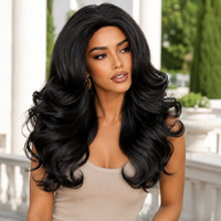 Perruque synthétique pour femme, noir jais, volume moyen, ondulations profondes, raie au milieu, résistante à la chaleur, avec racine des cheveux naturelle et ajustable