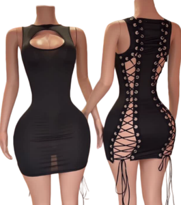 Viviblook Z406DS Vestido de Verano para Mujer, Nuevo, Sexy, con Aberturas, Cordones, Color Sólido, Mini Vestido Ajustado para Fiesta Nocturna - Product Image 1