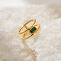 Dazan New HOT INS Trendy 18k PVD Plaqué Or Acier Inoxydable Vintage Poli Carré Vert Zircon Minuscule Double Dame Anneau