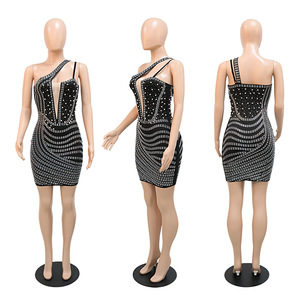 Nouvelle arrivée, robe moulante sexy à une épaule, en maille transparente, avec strass, pour femmes, tendance - Product Image 4