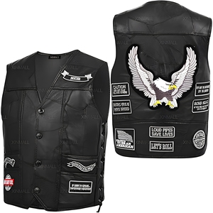 Chaleco de Motociclista de Cuero Genuino para Hombre con Laterales con Cordones y Parches Personalizados de Águila Rockera - Product Image 1