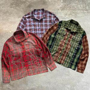 High Quality Lapel Rhinestone <b>Oversized</b> T-<b>shirt</b> Acid Wash Checkered Long Sleeve T <b>Shirt</b> Custom 100% Cotton <b>Flannel</b> <b>Shirt</b> For Men - Product Image 1