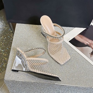 Nouvelles sandales d'été 2025 pour femmes, talons hauts en maille ornée de strass, chaussures élégantes à bout carré, sandales compensées transparentes, escarpins, pantoufles - Product Image 4