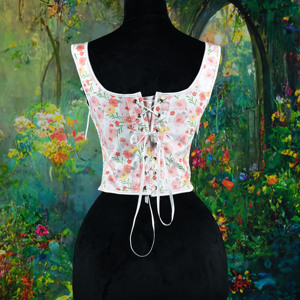 Corsé francés vintage con estampado floral de rosas azules, tirantes de cinta y cierre de cordones en la espalda para ajustar la cintura. - Product Image 2