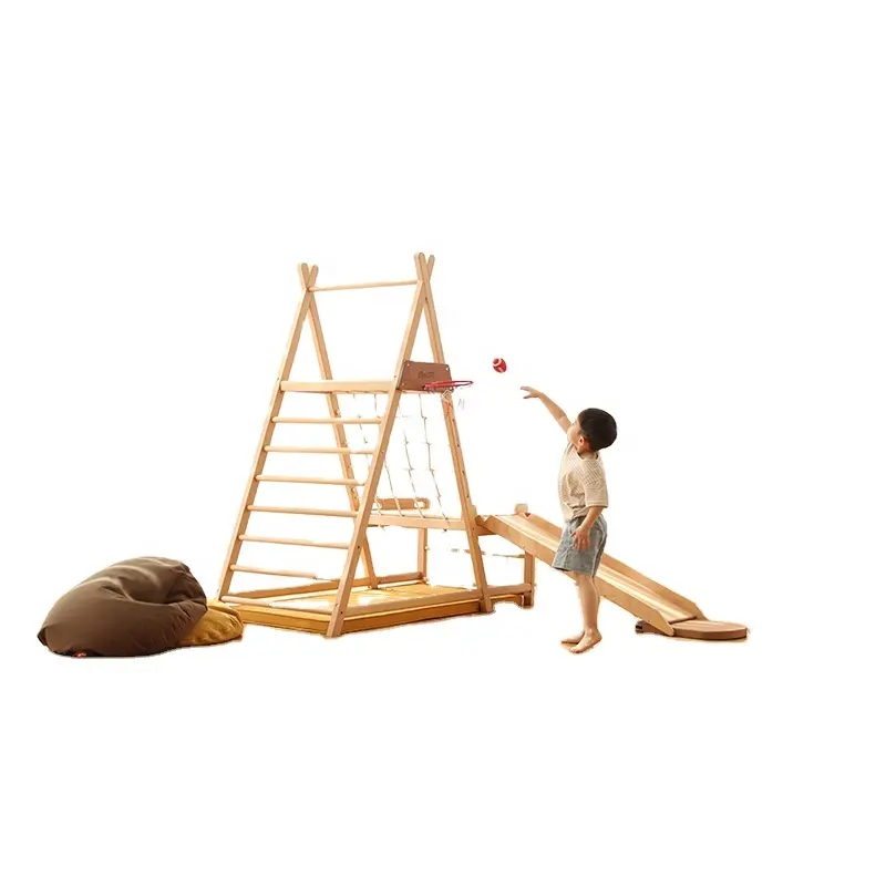 Montessori Set rangka panjat dalam ruangan anak-anak, Set struktur permainan perosotan ayunan tangga pendaki kayu dapat dilipat untuk kegiatan anak-anak