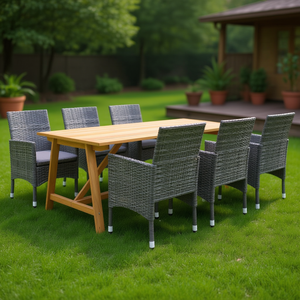 <b>Grey</b> Acacia Wood Garden Dining Set 6 Seater Outdoor Furniture Contemporary Style Solid Wood <b>Frame</b> - Product Image 2