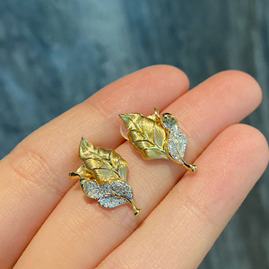 Aazuo, joyería Vintage de 18K, oro amarillo macizo, diamantes naturales auténticos, pendientes con forma de hoja a la moda, regalo para mujeres, fiesta de boda, AU750 - Product Image 3