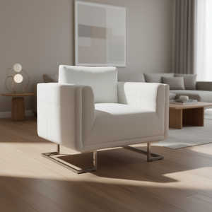 Sillón de Cuero Blanco Contemporáneo Moderno para Sala de Estar con Patas de Metal, Diseño Acolchado y Relleno de Espuma - Product Image 2