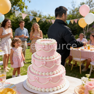 Modèle de gâteau d'anniversaire réaliste à 3 étages, fait main, en plastique écologique, avec décorations religieuses d'anges roses et nœuds en glaçage au beurre - Product Image 6