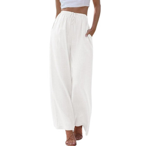 <span class=keywords><strong>Pantalon</strong></span> large décontracté en <span class=keywords><strong>lin</strong></span> pour femmes grandes tailles Summer Fo avec poches et cordon de serrage - Product Image 5
