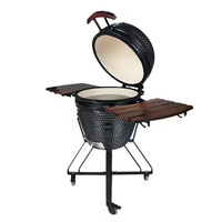 Barbecue Kamado en céramique verte de 21 pouces avec finition thermolaquée, table latérale et support mobile pour barbecue au charbon de bois extérieur