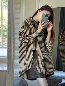 Toptan yeni trendler kadınlar çizgili bölünmüş bluz uzun kollu gömlek bayanlar nedensel gevşek gömlek - Product Image 6