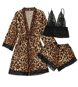 Ensemble de lingerie sexy pour femmes, imprimé léopard, 3 pièces : <span class=keywords><strong>soutien</strong></span>-<span class=keywords><strong>gorge</strong></span>, peignoir, chemise de nuit, short, vêtements de détente et cardigan ouvert - Product Image 1