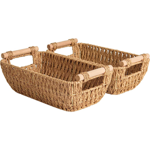 Cestino in <span class=keywords><strong>Vimini</strong></span> Intrecciato a Mano, Cesto Portaoggetti Circolare in Corda di Carta con Manico in Legno - Product Image 1