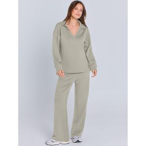 FOXA Women's 2 Piece <b>Lounge</b> Set Long Sleeve Polo Top Wide Leg Pants Casual Knitted Sweat Matching Outfit Autumn Wear - Product Image 3