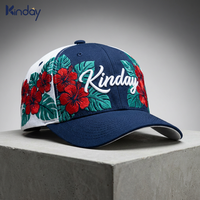 Casquettes de baseball personnalisées OEM en sergé de coton blanc marine à blocs de couleur avec broderie 3D feuille d'hibiscus tropicale sur panneau complet