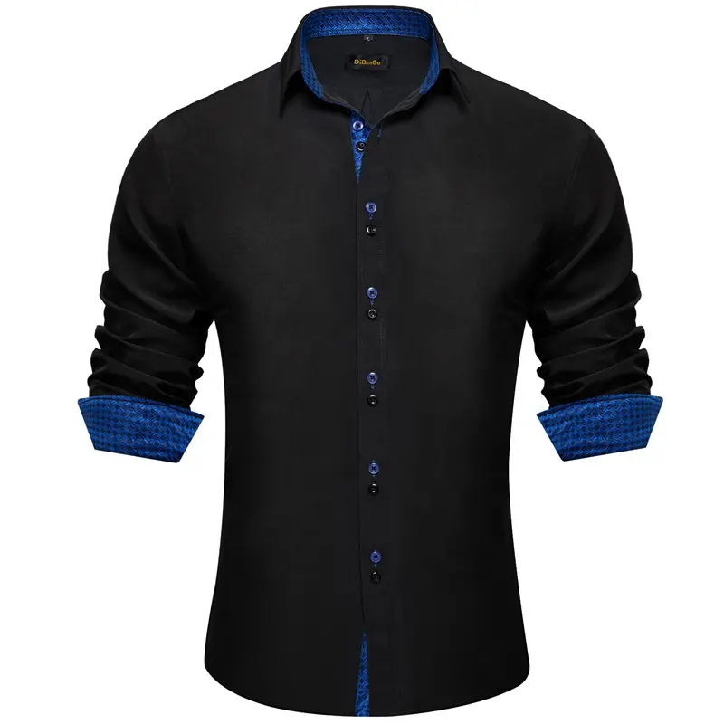 Camisa social de manga longa para homens, camisa de negócios preta, azul, xadrez, de seda, slim fit social, com botão duplo, ideal para homens